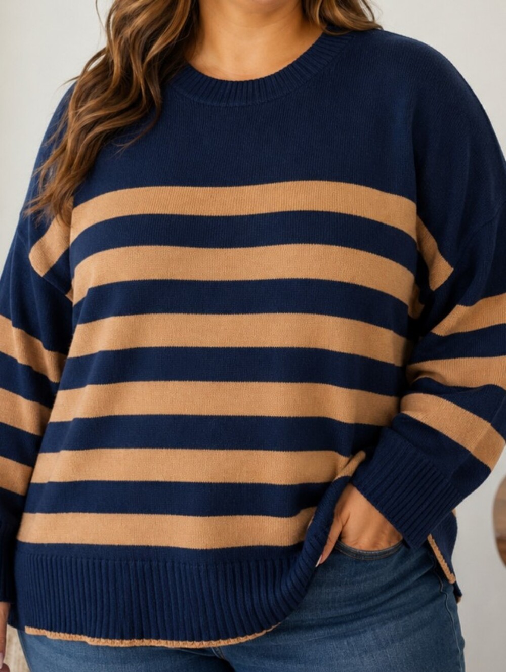 NEW Sonoma Knit Sweater Womens 3X Navy Blue Tan Striped Pullover Preppy Indie
